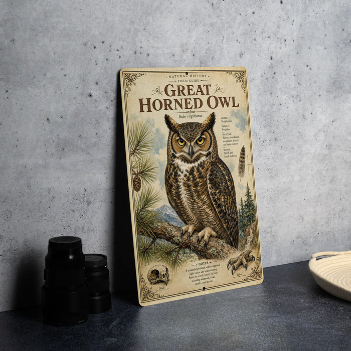 a metal poster or book cover with an illustration of a great horned owl, surrounded by various wildlife elements such as pine trees and a skull.