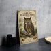a metal poster or book cover with an illustration of a great horned owl, surrounded by various wildlife elements such as pine trees and a skull.