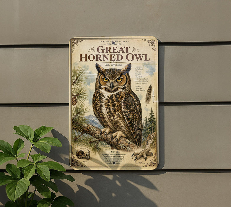 a vintage-style poster of a Great Horned Owl, mounted on a wall next to a plant.