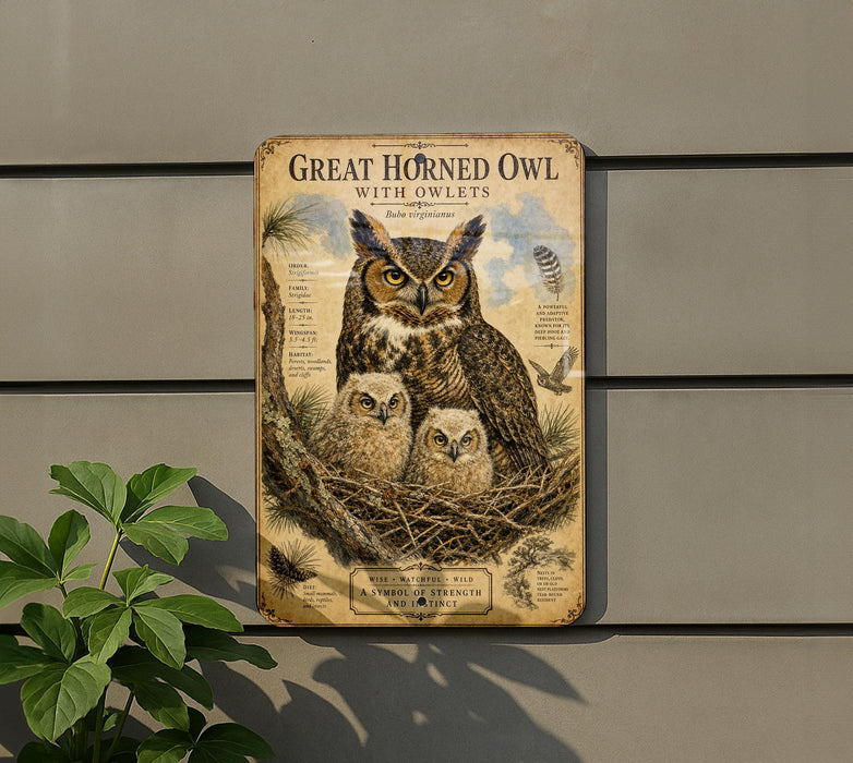 A vintage-style metal sign with an illustration of a great horned owl and its nest, mounted on a wall next to a plant.