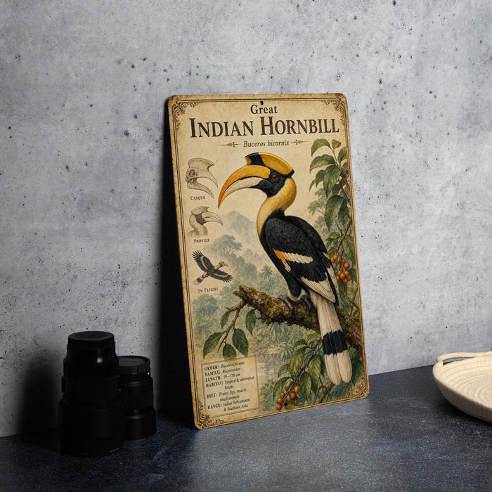A vintage-style illustration of a hornbill bird, with text and illustrations, is displayed on a wall.