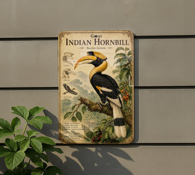 a vintage-style illustration of an Indian hornbill perched on a branch, surrounded by foliage and berries.