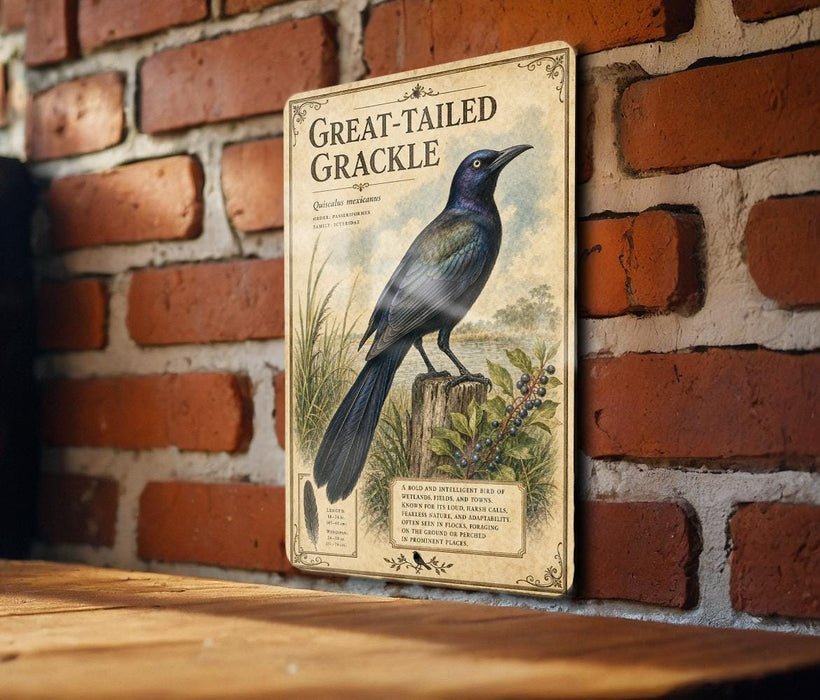 a vintage-style illustration of a Great-tailed Grackle, a bird with a blue body and black tail, perched on a wooden post. The illustration is set against a brick wall background.