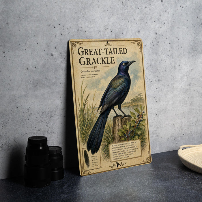 a framed illustration of a Great-tailed Grackle, a bird with a blue and black plumage, perched on a tree stump. The illustration is set against a backdrop of a natural landscape, with a bird in flight and foliage in the background.