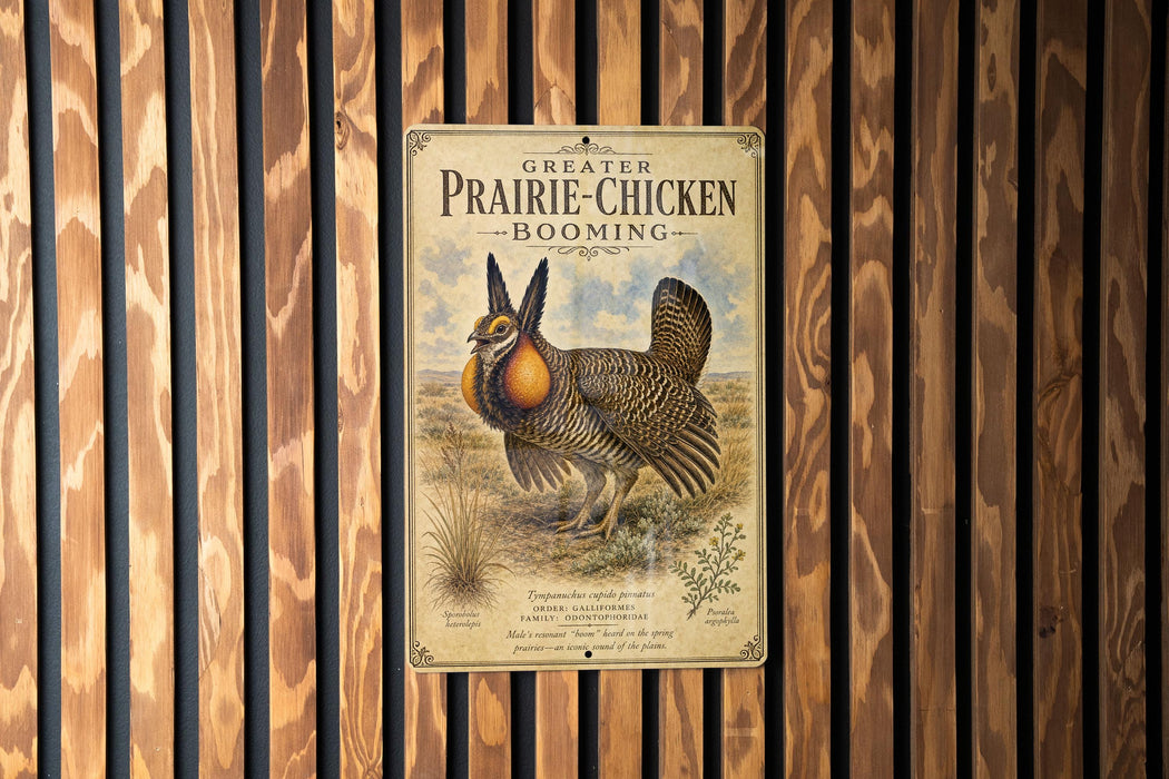 a sign with a picture of a bird, likely a prairie chicken, and text that reads "GREATER PRAIRIE-CHICKEN BOOMING".