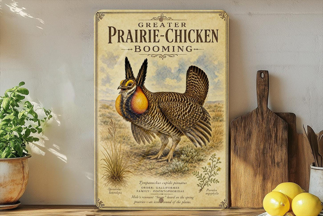 a vintage-style illustration of a prairie chicken, a bird known for its distinctive appearance and role in the prairie ecosystem. The illustration depicts the bird standing in a grassy field, surrounded by various plants and flowers. The text on the image reads "GREATER PRAIRIE-CHICKEN BOOMING" and includes the names of the prairie chicken species, such as the Trompophilis, Trompophilis, and Trompophilis species.