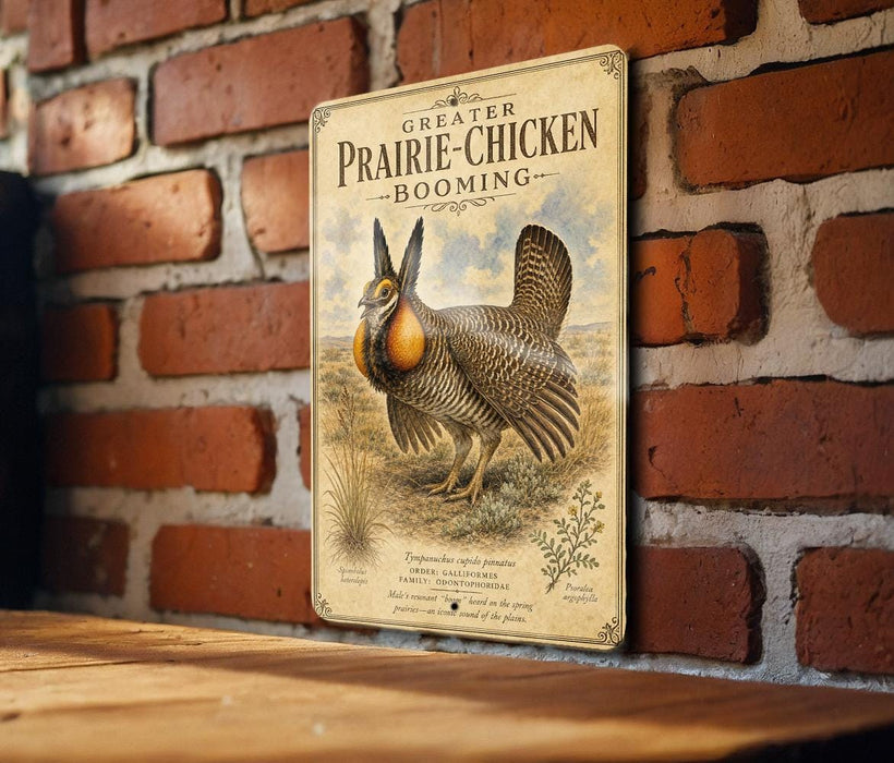 a vintage-style sign with a detailed illustration of a prairie chicken, mounted on a brick wall.