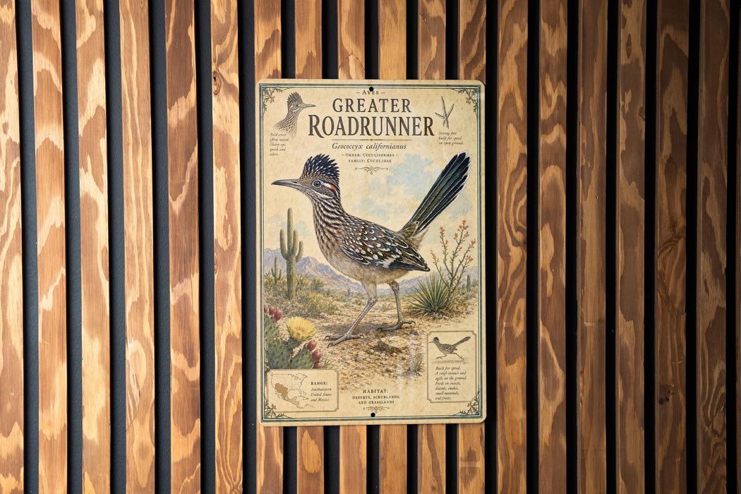 a vintage roadrunner sign mounted on a wooden wall.
