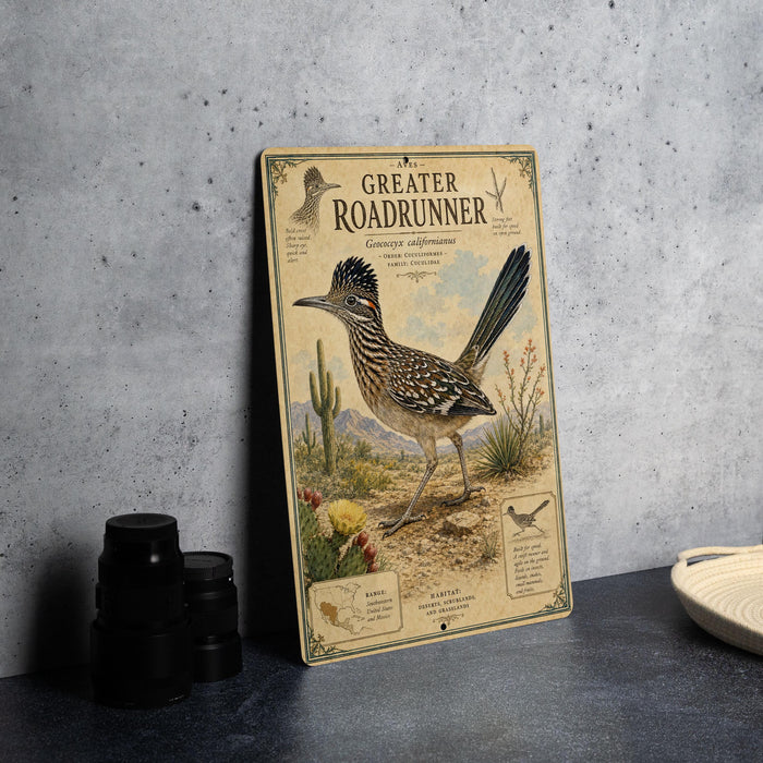 a vintage-style metal sign with illustrations of a roadrunner and desert plants, placed on a countertop next to some black camera lenses.