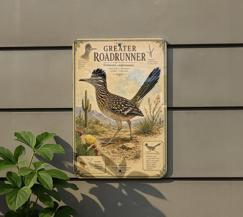 a metal sign with a painting of a roadrunner, mounted on a wall next to a plant.