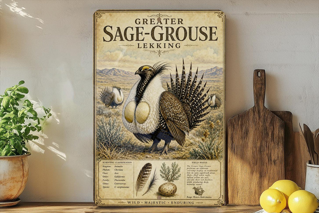 a poster of a Greater Sage-Grouse, a species of bird, displayed on a wall.