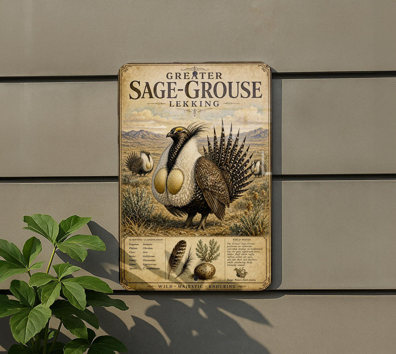 a metal sign with an illustration of a Greater Sage-Grouse, a species of bird, mounted on a wall.