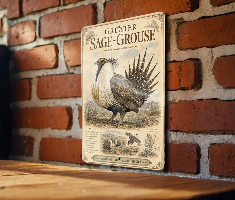 a vintage-style illustration of a Greater Sage-Grouse, a species of bird, mounted on a brick wall.