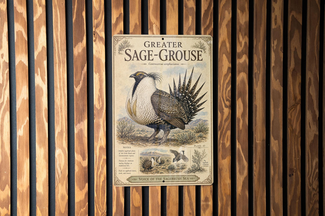 a vintage-style metal sign with an illustration of a Greater Sage-Grouse, a bird species native to North America.