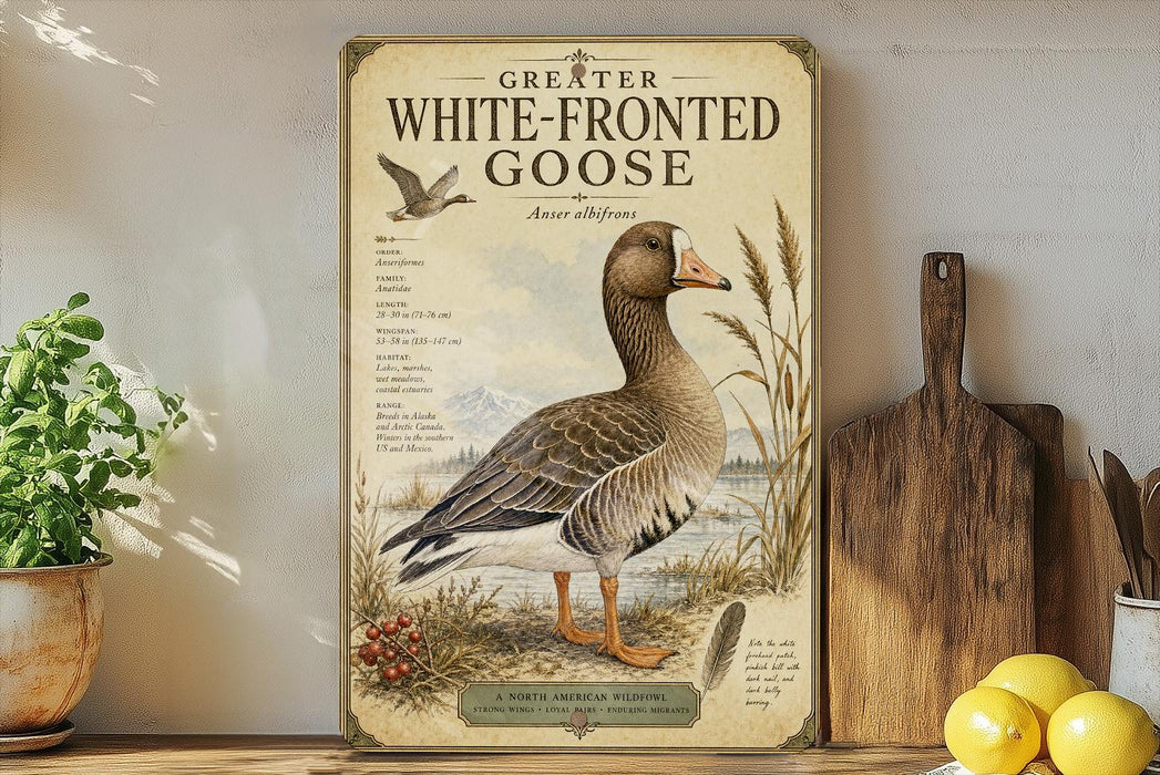 a vintage-style poster of a white-fronted goose, with a detailed illustration of the bird and its natural habitat. The poster is displayed on a shelf next to a wooden cutting board and a potted plant, creating a rustic and homey atmosphere.