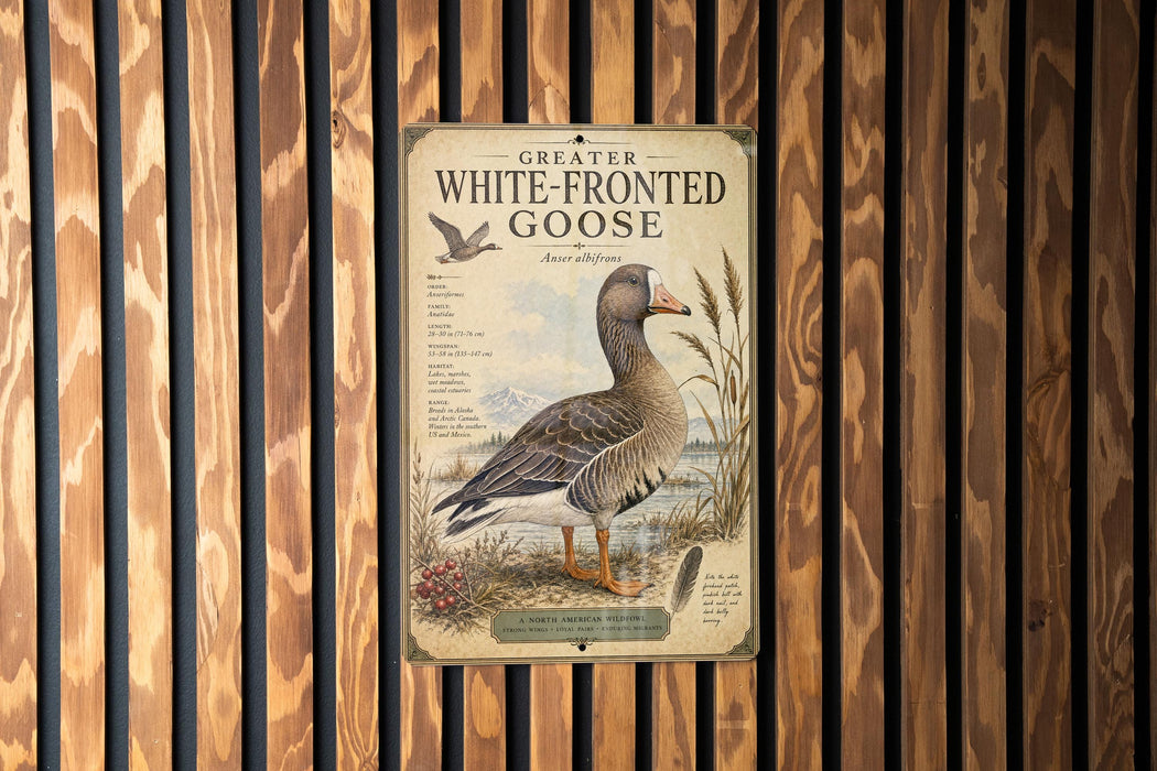 a poster of a white-fronted goose, which is a type of waterfowl. The poster is mounted on a wooden wall with vertical slats.