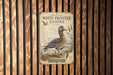 a poster of a white-fronted goose, which is a type of waterfowl. The poster is mounted on a wooden wall with vertical slats.