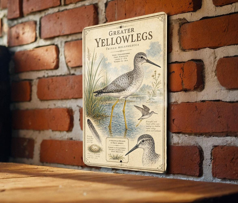 a metal sign with illustrations and text about greater yellow-legged herons, mounted on a brick wall.