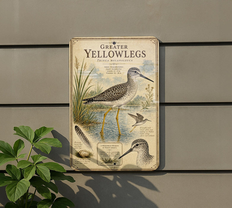 a vintage-style metal sign with illustrations and text about greater yellow legs, specifically the Tringa Melanole, a type of wading bird.