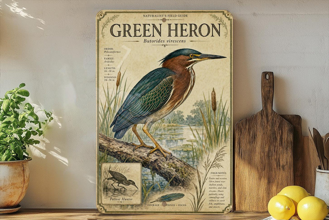 A vintage-style field guide for the Green Heron, featuring illustrations and text about the bird's natural habitat, behavior, and conservation status.
