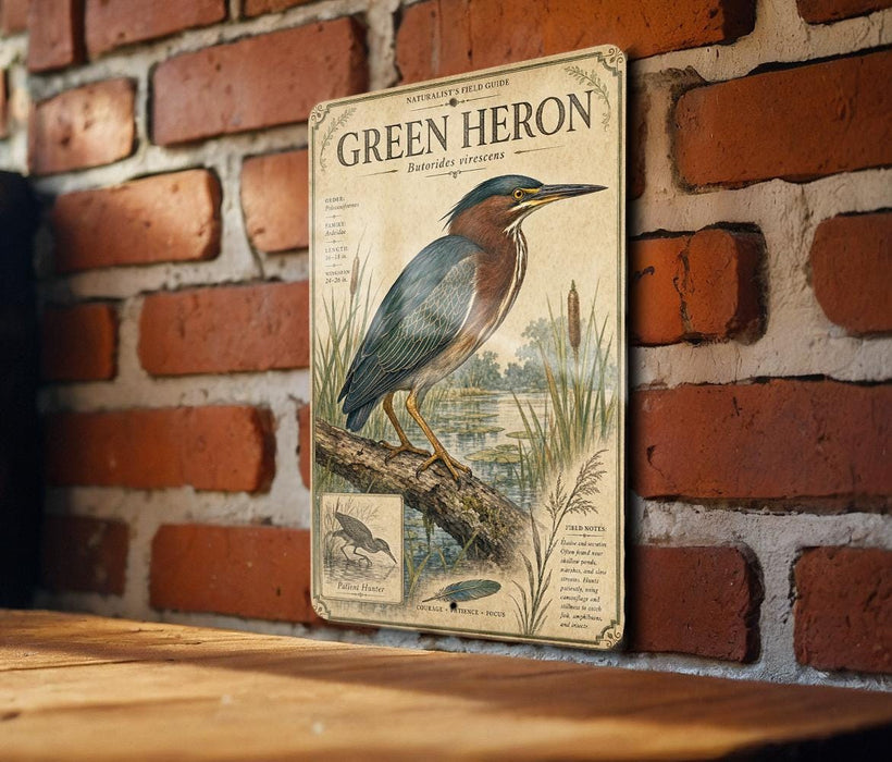 A vintage-style illustration of a heron, with text providing information about the species, is displayed on a brick wall.