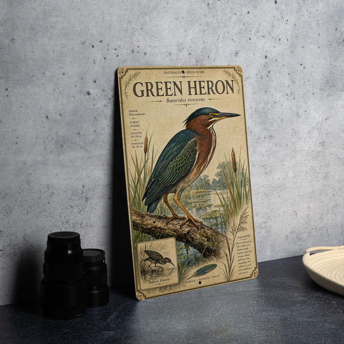 a vintage-style metal sign with a detailed illustration of a green heron, placed on a table next to some black camera lenses.