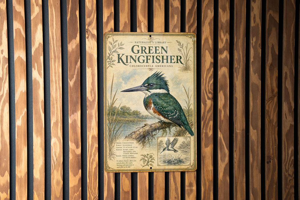 A vintage-style poster of a kingfisher bird is displayed on a wooden wall.