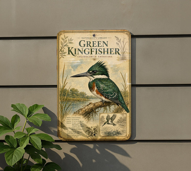 A vintage-style metal sign featuring an illustration of a kingfisher bird, with text that reads "Green Kingfisher" and "Kingfisher Natural History".