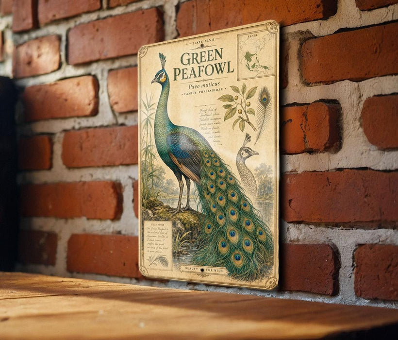a vintage-style illustration of a peacock, with detailed illustrations of the bird's feathers and a map of its natural habitat.