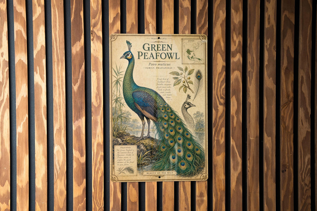A vintage-style illustration of a peacock is displayed on a wooden wall, with a caption that reads "GREEN PEAFOWL" and "FAMILY PORCHUS".