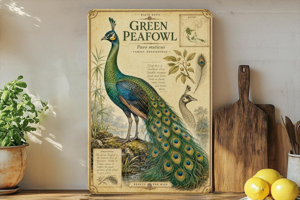 a vintage-style illustration of a peacock, with detailed botanical illustrations and text providing information about the bird.