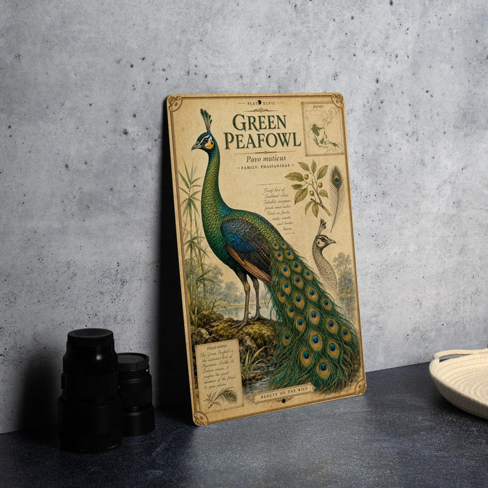 a vintage-style illustration of a peacock, with detailed illustrations of the bird's feathers and its natural habitat.