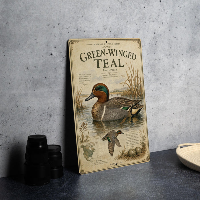 A vintage-style metal sign with an illustration of a green-winged teal duck, placed on a gray countertop next to some black camera lenses.