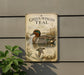 a vintage-style metal sign with an illustration of a green-winged teal duck, surrounded by natural elements such as reeds and plants.