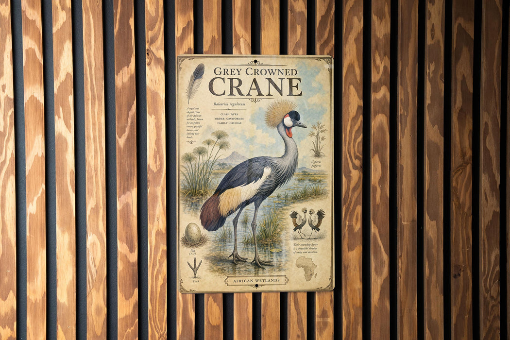 a poster of a grey crowned crane, which is a large wading bird with a distinctive crest on its head.