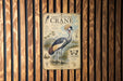 a poster of a grey crowned crane, which is a large wading bird with a distinctive crest on its head.