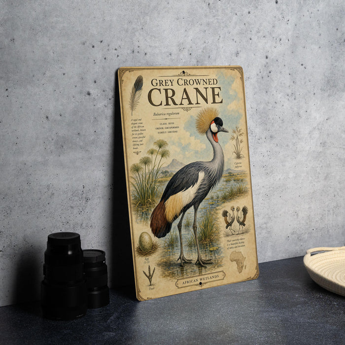 a vintage-style illustration of a grey crowned crane, with various bird illustrations and text surrounding it.