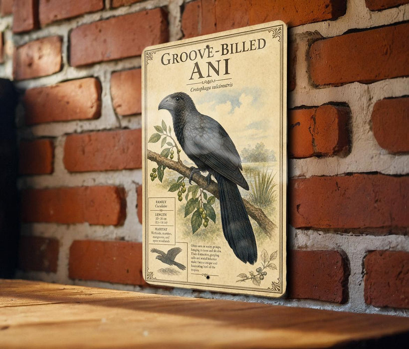a vintage-style sign with a black bird perched on a branch, mounted on a brick wall.