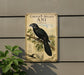 a vintage-style plaque or sign with a black bird illustration, mounted on a wall next to a plant.