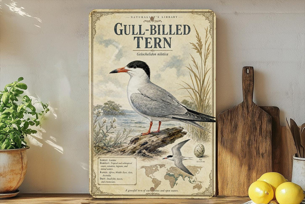 a vintage-style poster of a gull-billed tern, a type of seabird, displayed on a shelf next to a wooden cutting board and some potted plants.