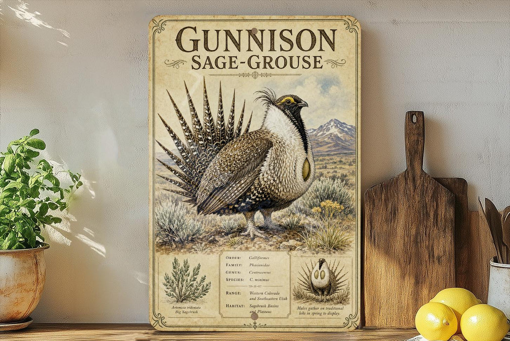 a vintage-style metal sign with an illustration of a Gunnison Sage-Grouse, a bird native to the western United States. The sign is mounted on a wall and is surrounded by various kitchen items, including a potted plant, a cutting board, and a bowl of lemons.