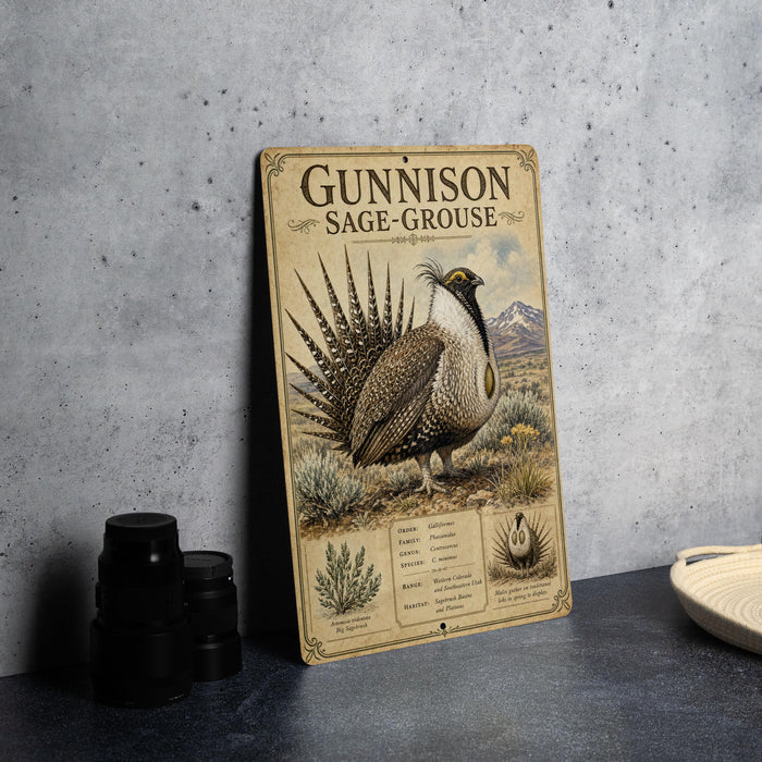 a metal sign with an illustration of a bird, specifically a Gunnison Sage-Grouse, standing on a grassy field.