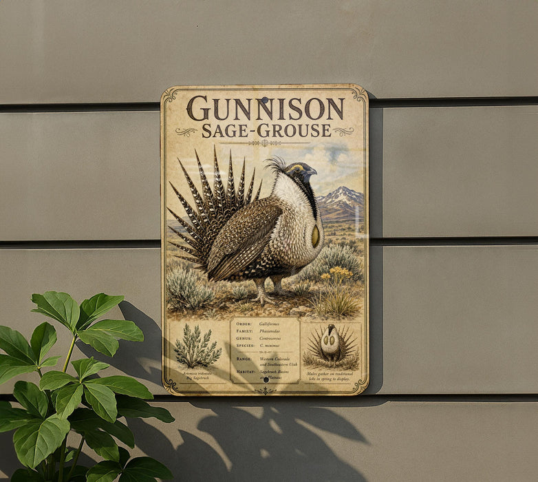 a metal sign with an illustration of a Gunnison Sage-Grouse, a bird native to the western United States.