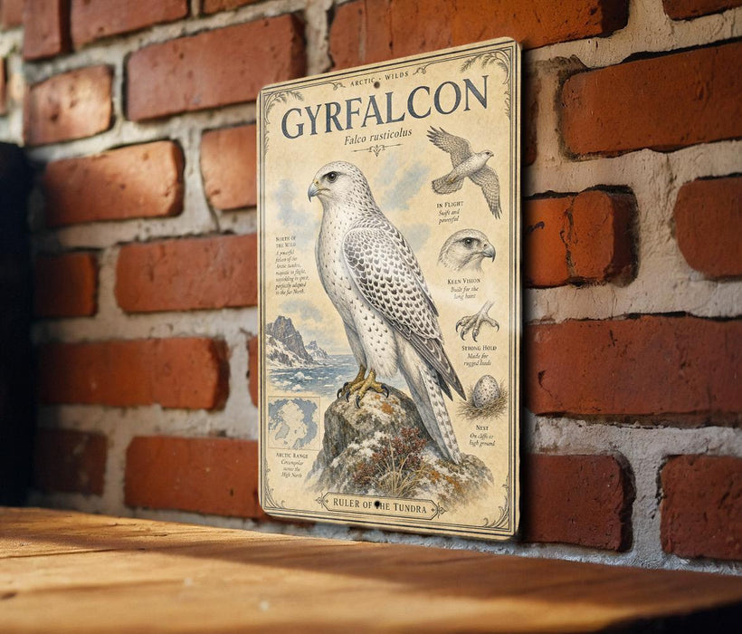 a poster of a white bird, likely a falcon, perched on a rock. The poster is mounted on a brick wall and includes illustrations and text about the bird.
