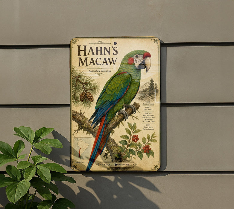 A vintage-style metal sign featuring a colorful parrot perched on a branch, with illustrations of pine cones and other natural elements.