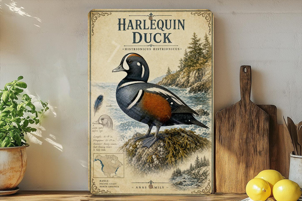 a vintage-style poster of a Harlequin Duck, with a detailed illustration of the bird and its natural habitat. The poster is displayed on a shelf next to a wooden cutting board and a potted plant, creating a rustic and homey atmosphere.