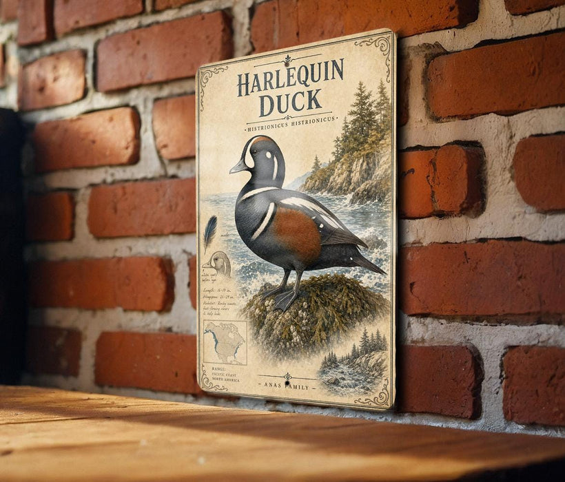 A vintage-style illustration of a Harlequin duck is displayed on a brick wall, with a wooden table below it.