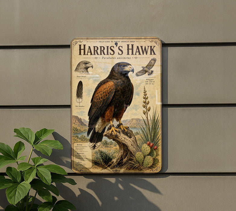A vintage-style metal sign depicting a Harris's Hawk, a bird of prey, perched on a tree stump with a desert landscape in the background.