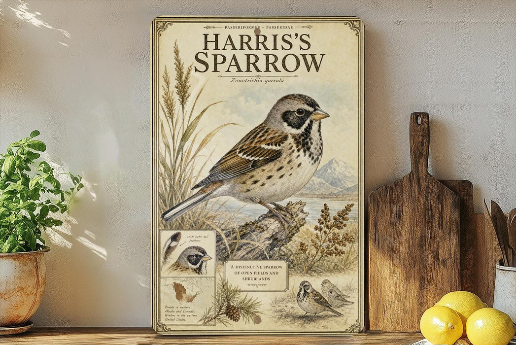A framed illustration of a bird, likely a sparrow, is displayed on a shelf next to a wooden cutting board and some fruit.