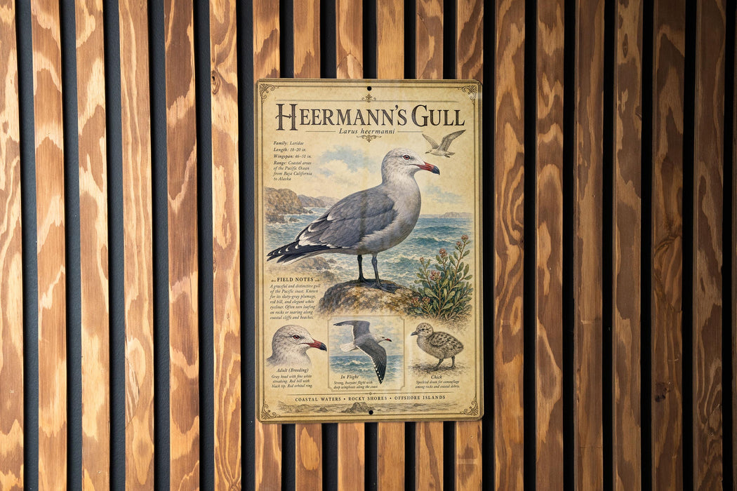 a metal sign with a detailed illustration of a seagull, mounted on a wooden wall.